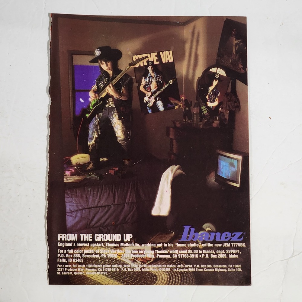 Vintage Print Ad Steve Vai Thomas McRocklin IBANEZ guitar clipping 1990 8x10